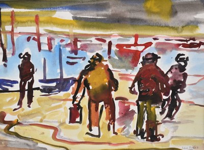 Lot 1043 - Joan Hodes (1925-2022) watercolour - On the Quay, signed in pencil, 19cm x 26cm, in glazed frame