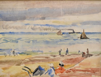 Lot 1044 - Robert G. D. Alexander (1875-1945) watercolour and pencil - Beside the Breakwater, Walton on the Naze, signed lower right, titled and dated 1936 to label verso, 22cm x 30cm, mounted in glazed frame