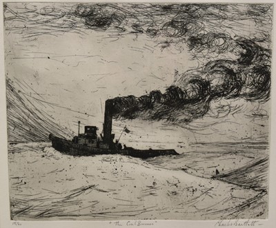 Lot 1035 - *Charles Bartlett (1921-2014) etching - The Coal Burner, signed titled and numbered 15/60, 25cm x 30cm, gallery label verso, in glazed frame