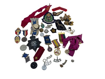 Lot 898 - George VI Hertfordshire Constabulary Helmet plate, RAF Navigators cloth badge, Masonic medals and others.
