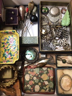 Lot 248 - Group of vintage costume jewellery and bijouterie including paste set clips and brooches, hat pins, cameo brooch and ring, cloisonné cigarette case, two wristwatches and other items