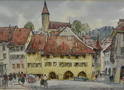 Lot 1343 - Albert Ribbans (1903-1966) two watercolours - Townscape and Landscape, signed and dated 1962 and 1963, both 24cm x 32cm, in glazed frames