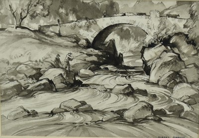 Lot 1344 - Albert Ribbans (1903-1966) two watercolours - Fishing scene, monochrome, 27cm x 38cm and Landscape, 24cm x 32cm, both signed