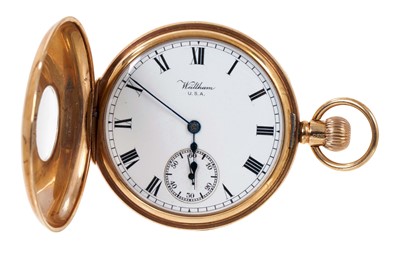 Lot 649 - Gentlemens 9ct gold half hunter pocket watch by Waltham