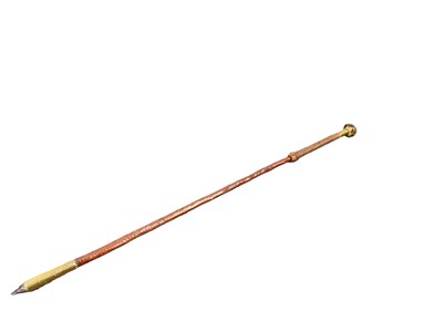 Lot 955 - 1930s French Basque Region, Makhila, with carved Medlar wood shaft and decorative brass ferrule engraved “AINCIART LARRESSORE” and Swastika, the woven leather handle with horn rondel top and brass...