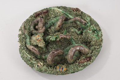 Lot 78 - Large antique Palissy ware majolica pottery plate - Jose A Cunha, Portugal, diameter 39cm