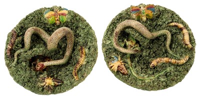 Lot 80 - Pair antique Palissy ware majolica pottery plates - Jose A Cunha, Portugal(2)