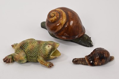 Lot 81 - Antique Palissy ware Majolica pottery model of a toad - Jose A Cunha, Portugal, model of a snail - M Mafra, Portugal and another model of a snail (3)