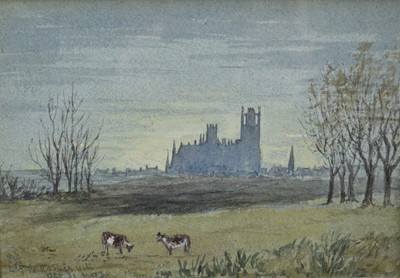 Lot 1072 - East Anglian School, 19th century, watercolour - Ely Cathedral, signed and titled indistinctly lower left, 12cm x 17.5cm, in glazed frame