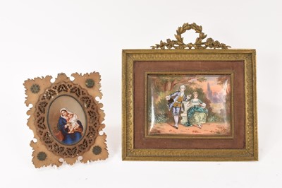Lot 820 - 19th century Continental enamelled plaque in ormolu frame and an alabaster religious plaque