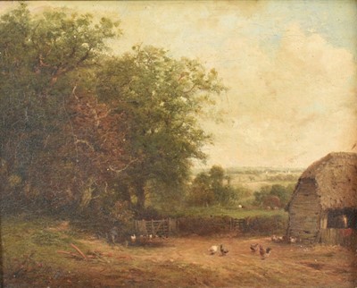 Lot 1083 - Henry Bridgman (1831-1909) oil on canvas - Farmyard at Cornard, Suffolk, 20.5cm x 26cm, original inscriptions retained verso, framed