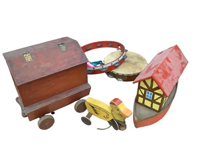 Lot 1799 - Wooden Noah's Ark with wooden and plastic animals, two other portable buildings with contents, Golly pencil case and other toys