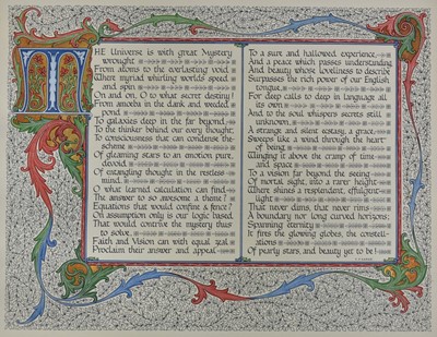 Lot 1064 - Paul Earee (1888-1968) fine illumination - 'The Universe is with great Mystery wrought, From atoms to the everlasting void,' signed within text, 39cm x 41cm