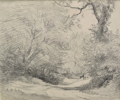 Lot 1073 - George Thomas Rope (1845-1929) two drawings - A Cow on a Track Among Trees near Much Hadham Hertfordshire, gallery label verso, 17cm x 21cm and