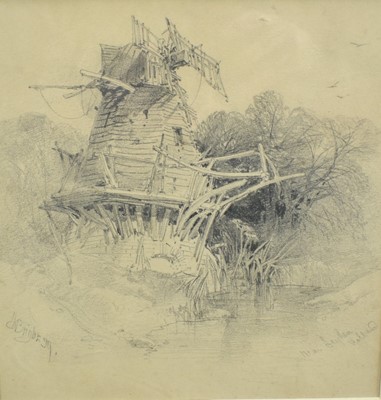 Lot 1074 - Henry Bright (1810-1873) pencil on paper - 'Near Leyden, Holland', signed and dated (18)39, 21cm x 21cm, gallery label verso, in glazed frame