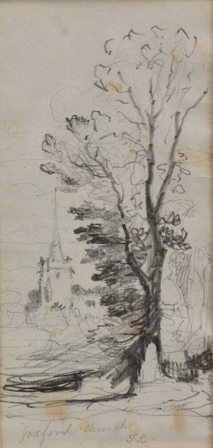 Lot 1075 - Thomas Churchyard (1798-1865) pencil on paper - 'Yoxford Church', signed with initials, 16.5cm x 8cm, in glazed frame