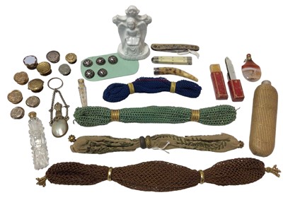 Lot 826 - Vertical items and bijouterie including scent bottles, pen knives, buttons and miser's purses