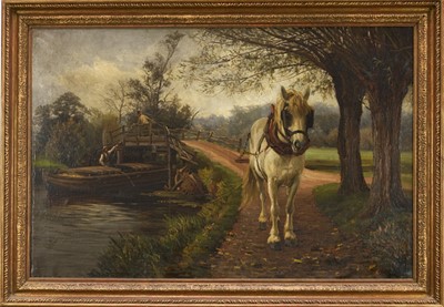 Lot 1089 - East Anglian School, 19th century, oil on canvas - The Barge Horse, a scene possibly at Flatford, 70cm x 106cm, in gilt frame
