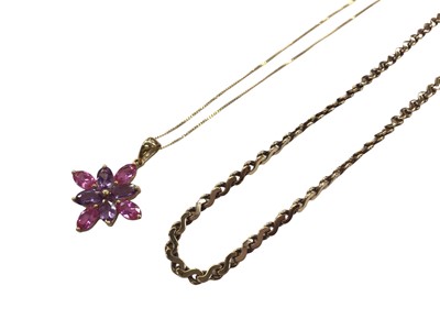 Lot 1001 - 9ct gold gem set pendant on chain and one other 9ct gold chain (2)