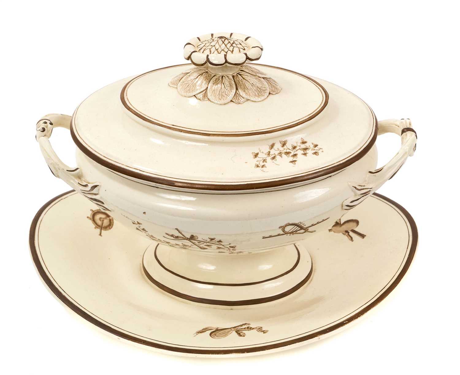 Lot 180 - Wedgwood creamware oval two handled sauce tureen, cover and fixed stand