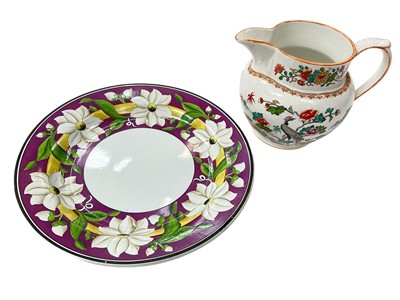 Lot 178 - Wedgwood pearlware purple ground plate, and a milk jug printed and painted with birds and flowers