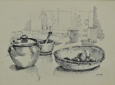 Lot 1295 - *Joan Warburton (1920-1996) pair of pen and ink drawings - Kitchen Still Life, signed and dated 1960 and Peppers, Bay and Garlic, in glazed frames