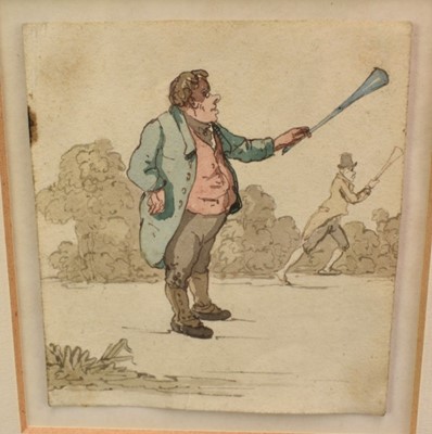 Lot 962 - Isaac Cruikshank (1756-1811) watercolour- Man playing cup and ball, 10cm x 9cm, in glazed gilt frame