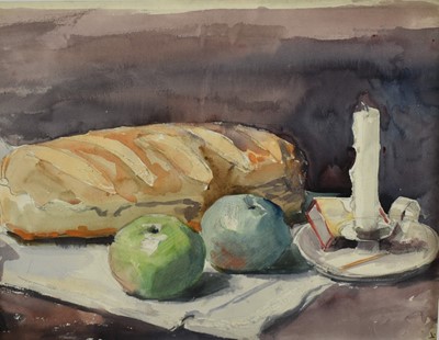 Lot 1267 - Jean Dryden Alexander (1911-1994) watercolour - Still Life, A Frugal Meal, titled verso, in glazed frame