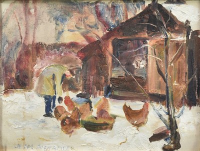 Lot 1270 - Jean Dryden Alexander (1911-1994) oil on canvas - "Mrs Martin feeding my Chickens", signed, in glazed frame