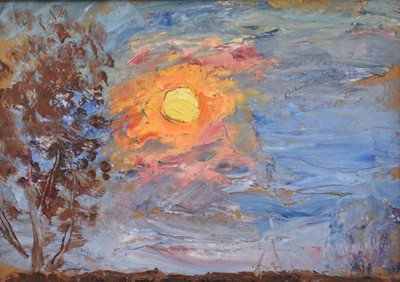Lot 1273 - Jean Dryden Alexander (1911-1994) oil on board - Sunset, Brentwood, 24.5cm x 34.5cm and an oil and watercolour on paper - Shenfield Common Pond