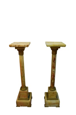 Lot 1458 - Pair of Victorian alabaster and ormolu mounted pedestals with column supports on square bases
