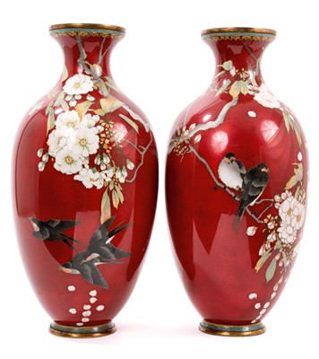 Lot 959 - Large pair of fine quality Japanese cloisonné enamel vases