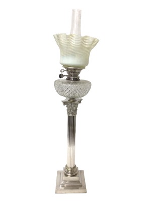 Lot 971 - Edwardian silver plated Corinthian column oil lamp