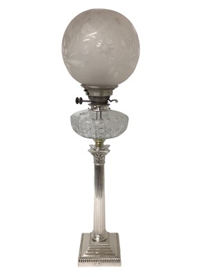 Lot 972 - Edwardian silver plated Corinthian column oil lamp