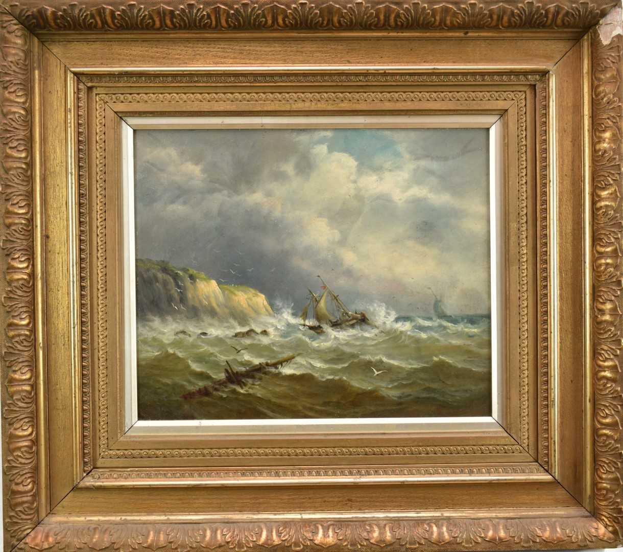 Lot 1221 - John Moore of Ipswich (1820-1902) oil on canvas - Shipwreck off the Northumbrian Coast, 31cm x 36cm, in gilt frame