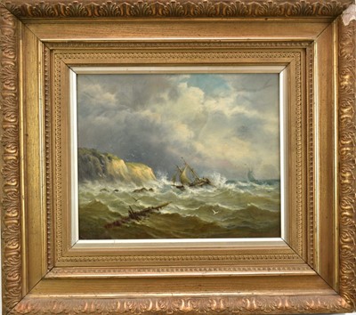 Lot 1221 - John Moore of Ipswich (1820-1902) oil on canvas - Shipwreck off the Northumbrian Coast, 31cm x 36cm, in gilt frame
