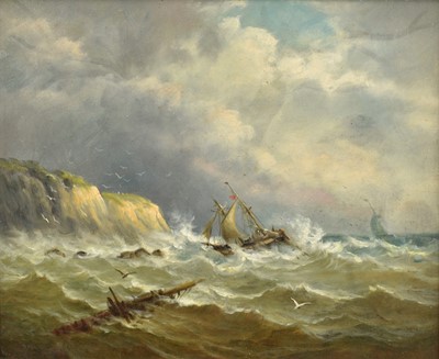Lot 1221 - John Moore of Ipswich (1820-1902) oil on canvas - Shipwreck off the Northumbrian Coast, 31cm x 36cm, in gilt frame
