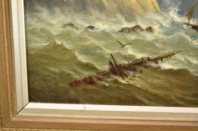 Lot 1221 - John Moore of Ipswich (1820-1902) oil on canvas - Shipwreck off the Northumbrian Coast, 31cm x 36cm, in gilt frame