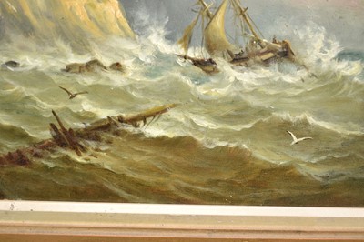 Lot 1221 - John Moore of Ipswich (1820-1902) oil on canvas - Shipwreck off the Northumbrian Coast, 31cm x 36cm, in gilt frame