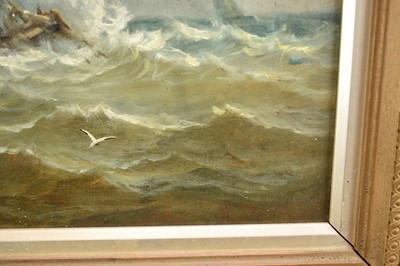 Lot 1221 - John Moore of Ipswich (1820-1902) oil on canvas - Shipwreck off the Northumbrian Coast, 31cm x 36cm, in gilt frame