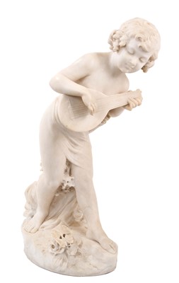 Lot 944 - Late 19th century Italian carved marble sculpture of a child playing a lute, signed