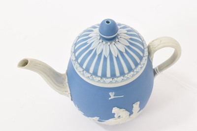 Lot 194 - Wedgwood blue jasper dip solitaire teapot and cover, applied with ‘Lady Templeton’s Domestic Employment’ and ‘Poor Maria’, circa 1785