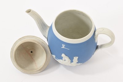 Lot 194 - Wedgwood blue jasper dip solitaire teapot and cover, applied with ‘Lady Templeton’s Domestic Employment’ and ‘Poor Maria’, circa 1785