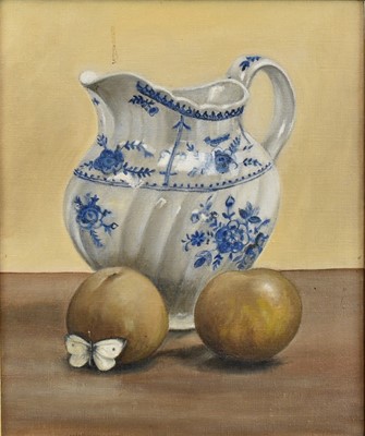 Lot 1317 - *Jacqueline Taber (b.1946) two oil on canvas still lives - Jug and butterfly, 31cm x 25cm and Victoria Plums, 20cm x 20cm, framed