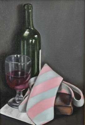 Lot 1314 - *Jacqueline Taber (b.1946) three oil on canvas still lives - Wine bottle and tie, 32cm x 22cm, Cherry, 8cm x 13cm, Clove of Garlic, 10cm x 15cm, all framed