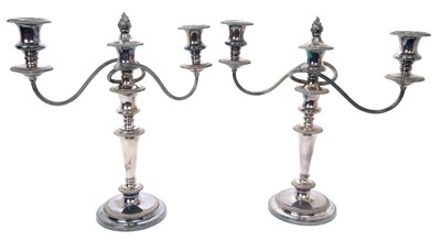 Lot 406 - Pair of three light silver plated candelabra
