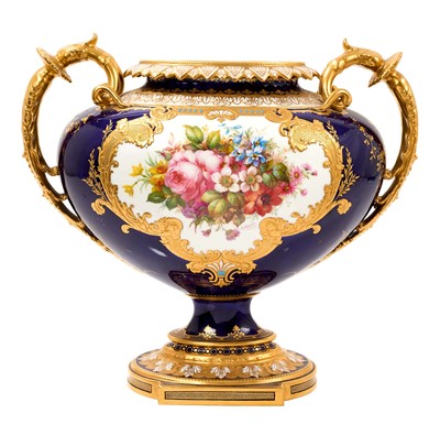 Lot 245 - Royal Crown Derby large two handled vase painted by Albert Gregory, marks for 1915