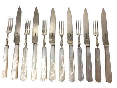 Lot 403 - Set of six pairs silver and mother of pearl fruit knives and forks