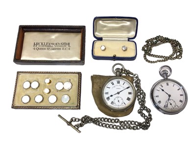 Lot 584 - Set of dress studs, two pocket watches and two chains