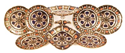 Lot 243 - Royal Crown Derby Imari 'fruit' pattern dessert service, to including a lozenge-shaped dish, comport, and six plates (8)